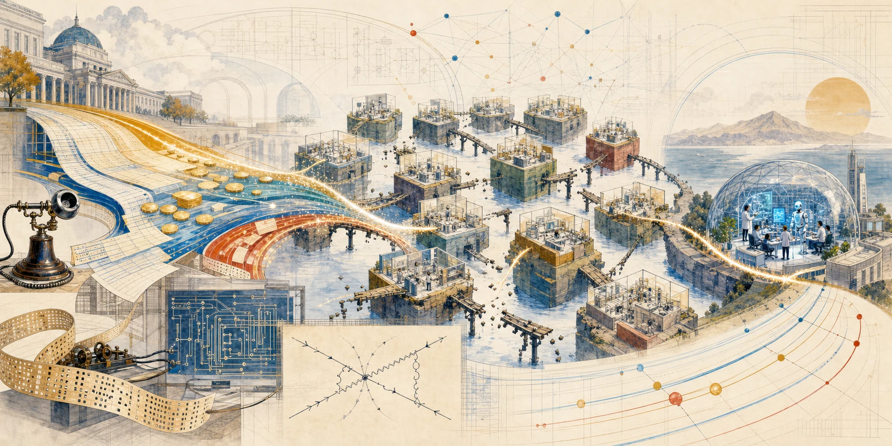 A vast funding ledger fragments into isolated project laboratories while a luminous research thread connects the telephone, punched tape, circuitry, physics diagrams, and a future human-and-AI laboratory.