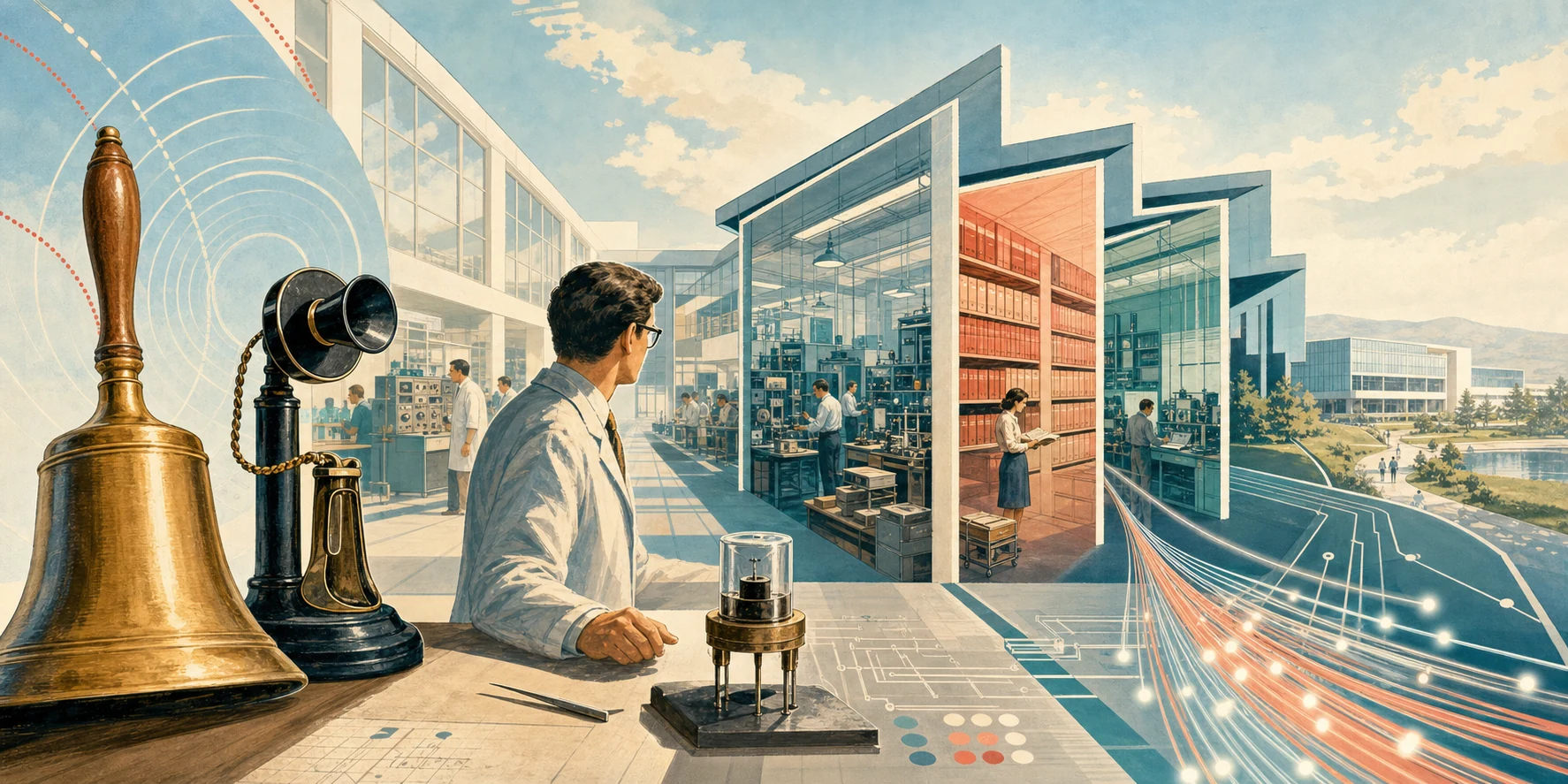 A brass bell, early telephone, experimental device, researcher, optical fibers, and separating laboratory wings represent Bell Labs' scientific inheritance and institutional division.