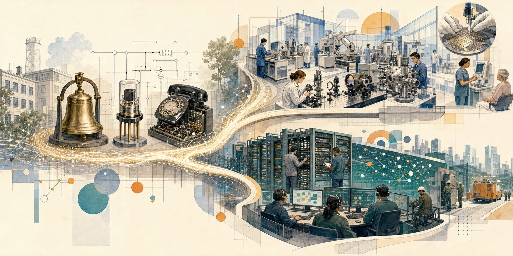 A bell, telephone, transistor, and luminous research lineage branch toward an experimental fabrication laboratory above and a network operations center below.
