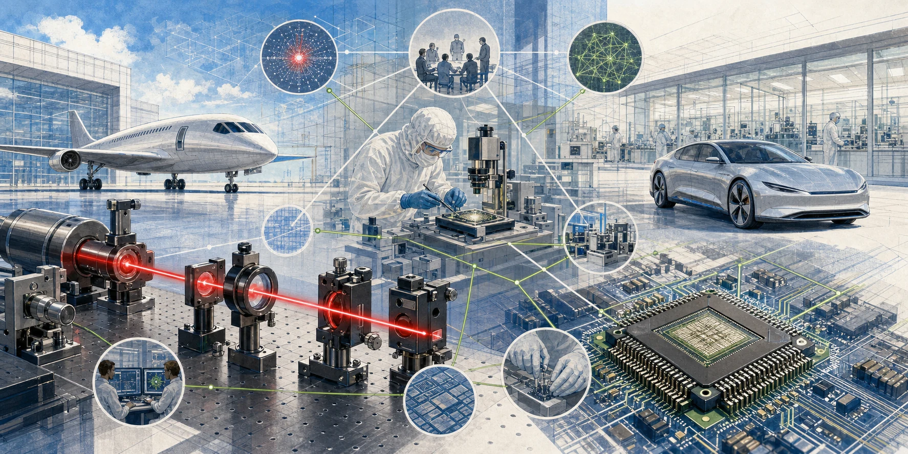 An aircraft and automobile frame a research ecosystem of clean-room scientists, a ruby laser, optical instruments, microchips, circuit boards, and linked laboratories.