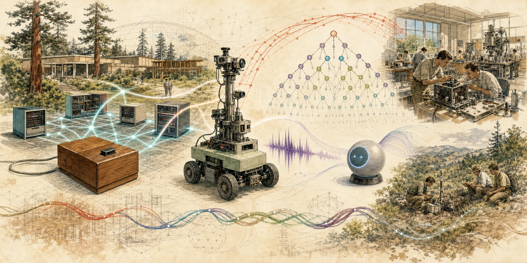 A California research campus connects early networked computers, a wooden computer mouse, a mobile robot, an AI search tree, a voice waveform, and field experiments.