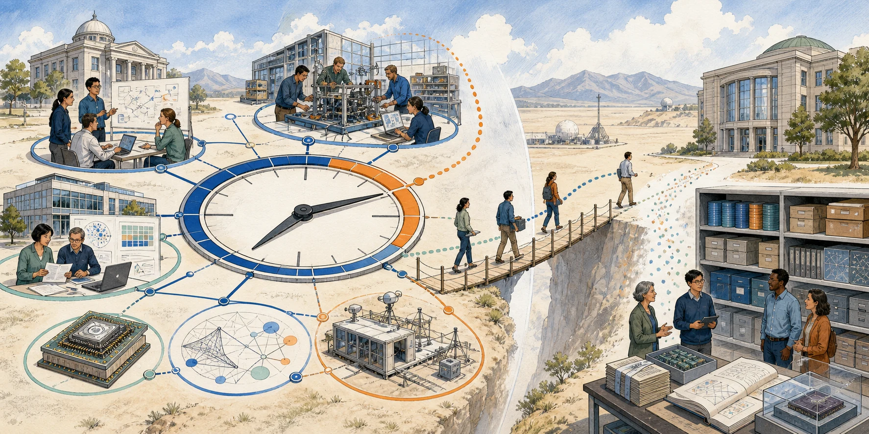 A program clock links researchers, a secure chip, proofs, prototypes, and a testbed before people and preserved artifacts cross a narrow bridge toward a durable institutional host.