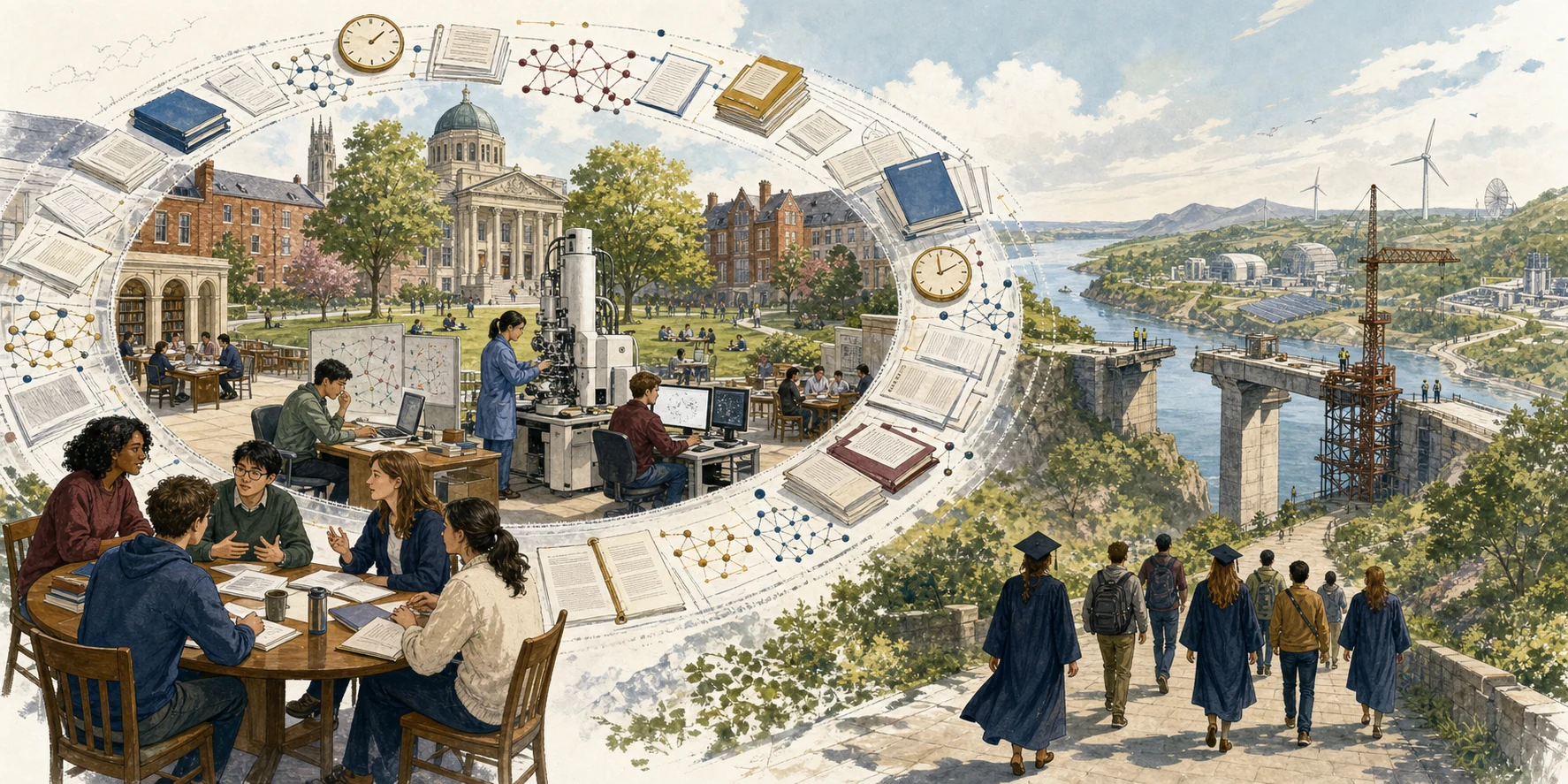 A thriving campus of students, papers, collaboration, and shared instruments sits within an incentive orbit while graduates face an incomplete bridge to maintained engineering infrastructure.