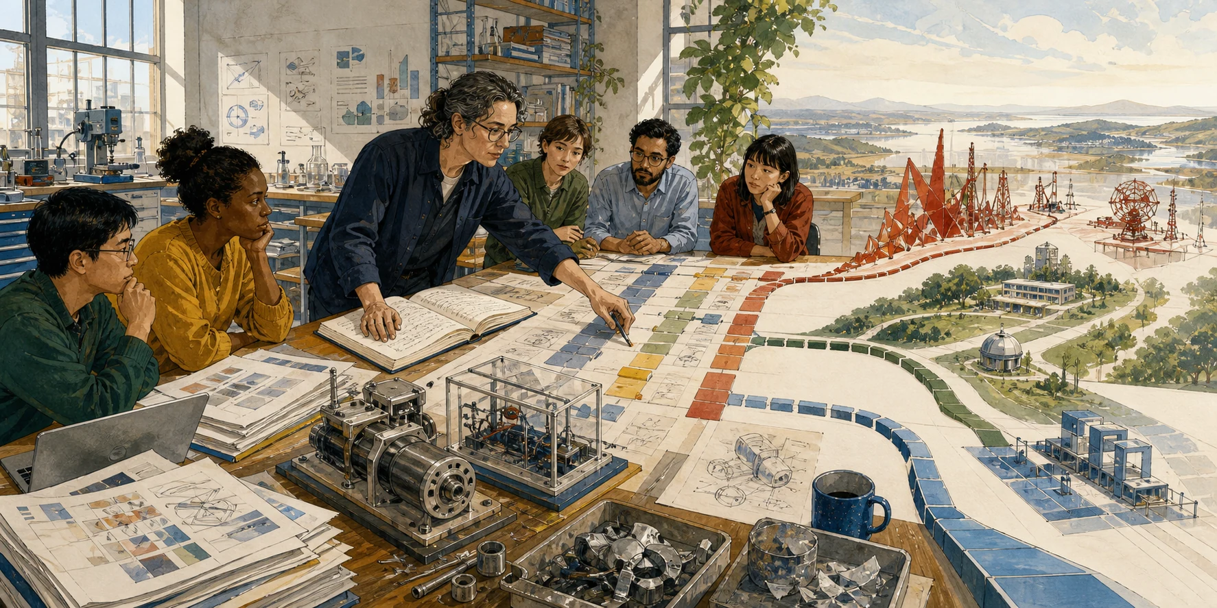 Practiced researchers trace evidence from notebooks, failed parts, prototypes, and budget blocks across a decision table toward several long-horizon R&D paths.
