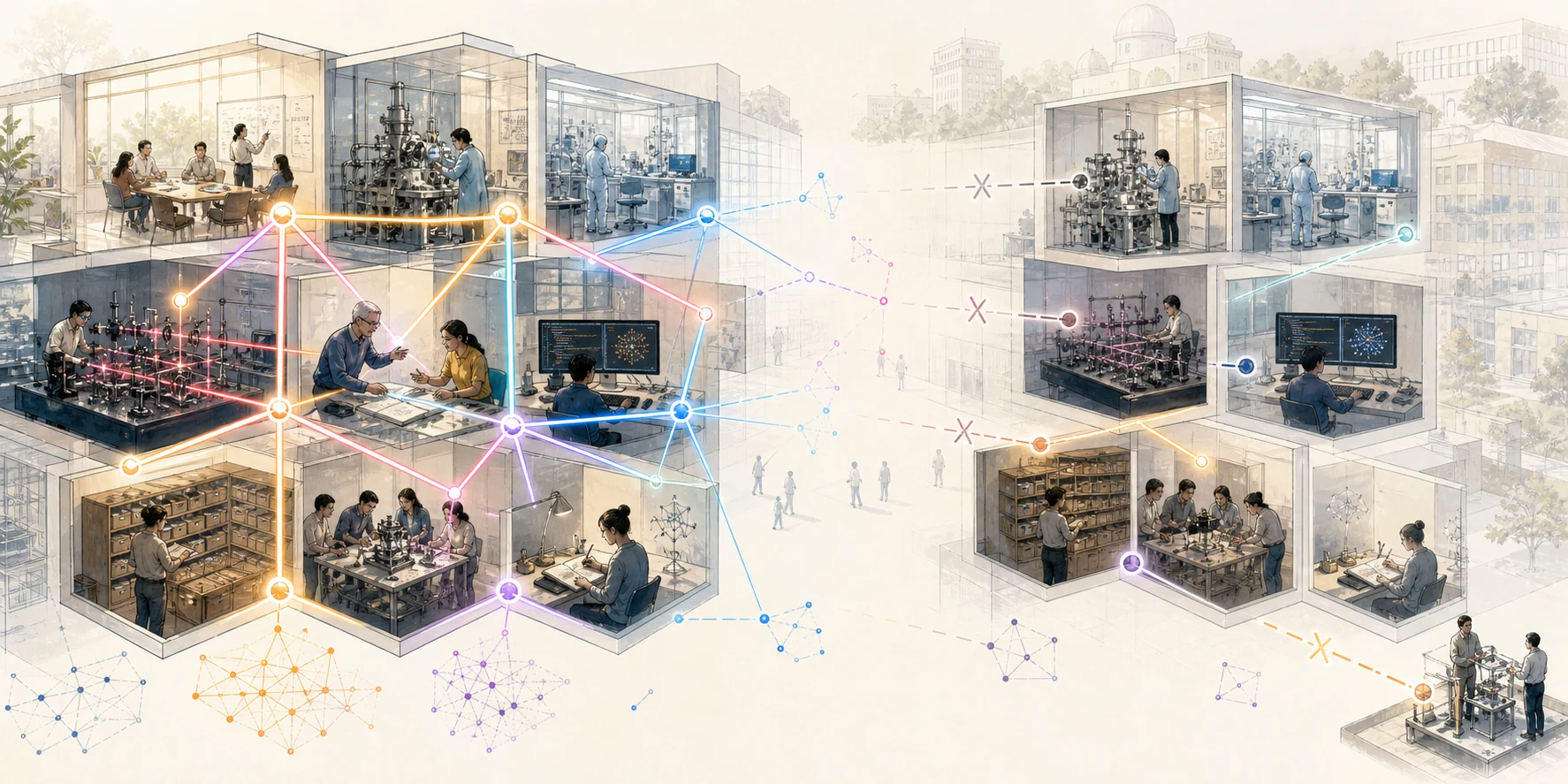Intact laboratory rooms retain people and equipment while glowing mentorship, instrument, archive, correction, and deployment links disappear between them.