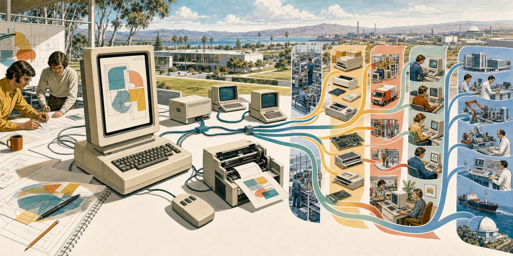 A 1970s personal workstation, graphical windows, mouse, local network, and laser printer branch into manufacturing, distribution, users, and other applications.
