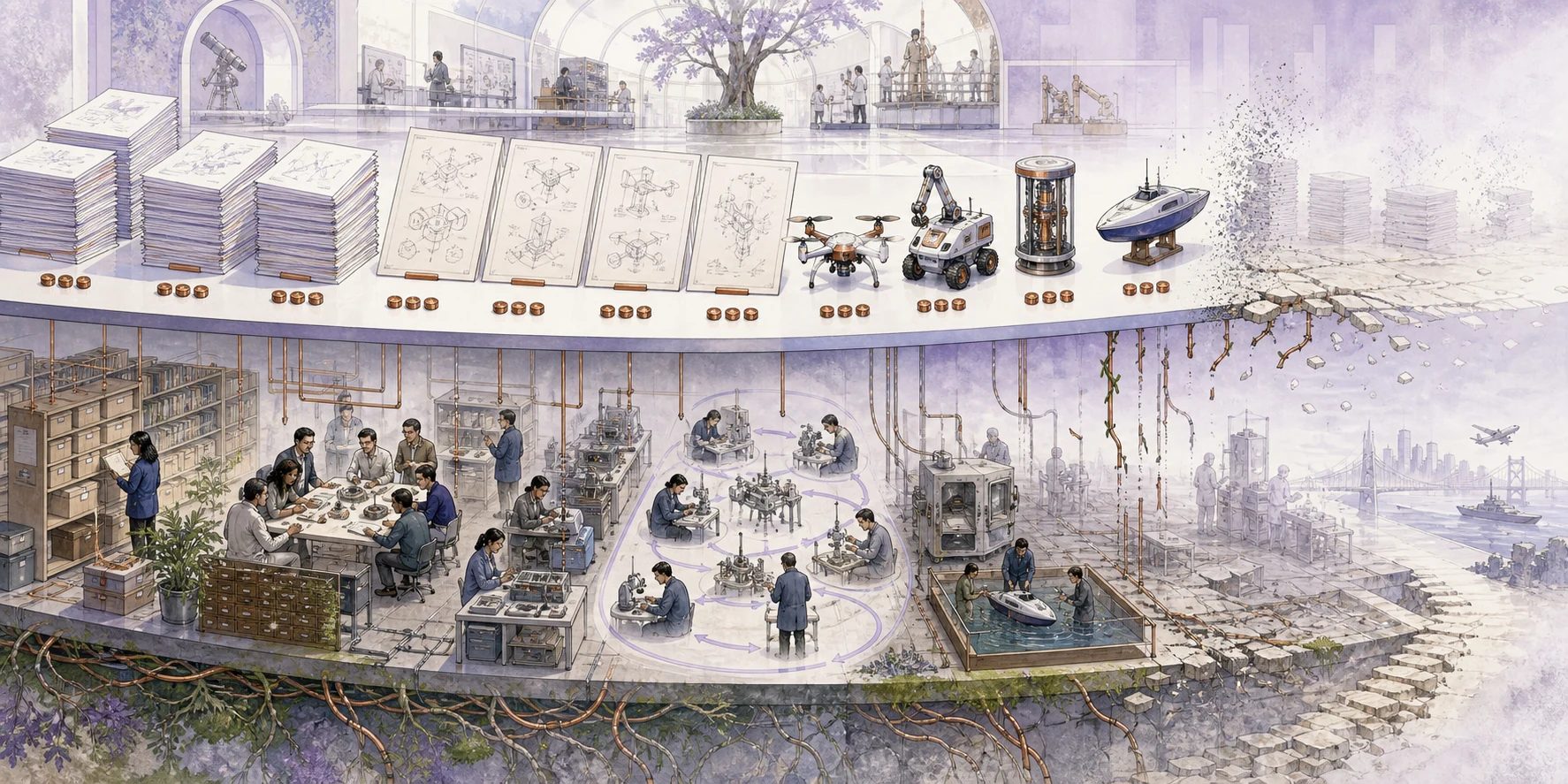 Counted papers, patent drawings, and prototypes remain on a measurement shelf while the teams, archives, instruments, correction loops, and roots beneath them begin to fade.