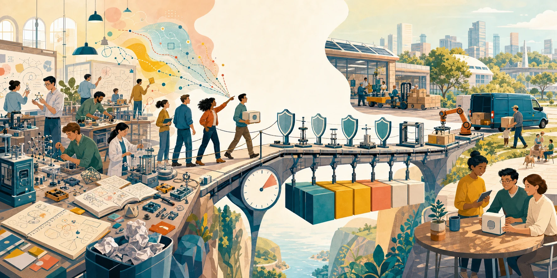 A startup team selects one path from a broad research commons and carries a product across a clock-bound bridge of testing, integration, compliance, manufacturing, delivery, and support.