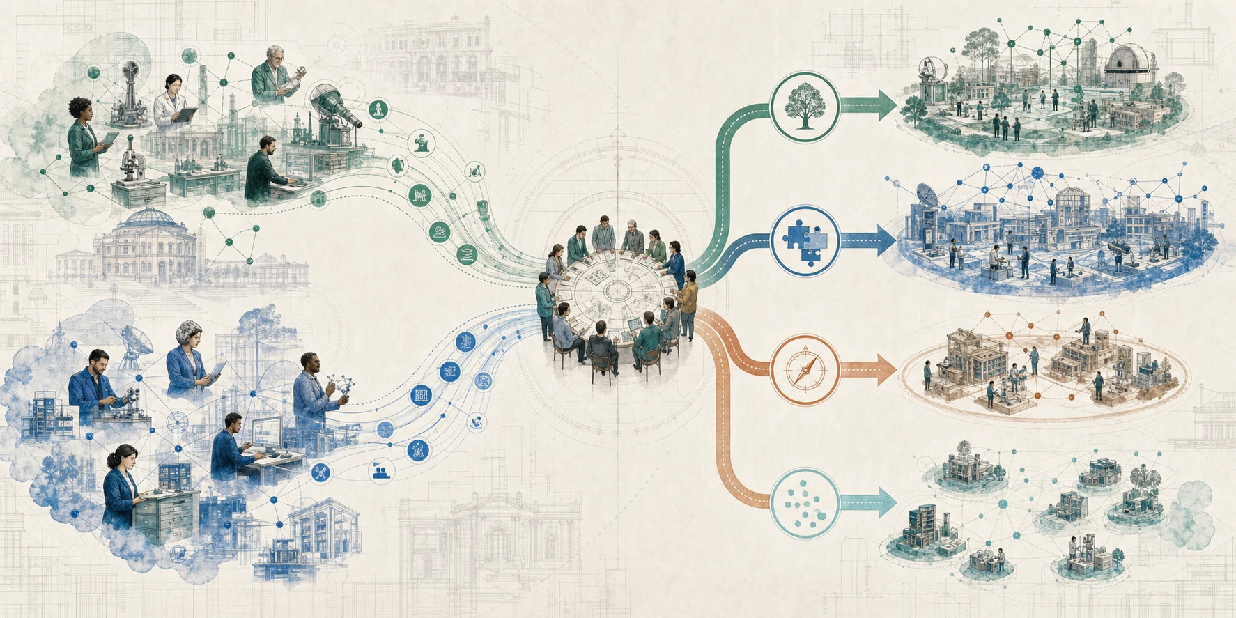 Two research-capability constellations enter a shared decision table and branch toward preservation, combination, narrowing, or fragmentation.