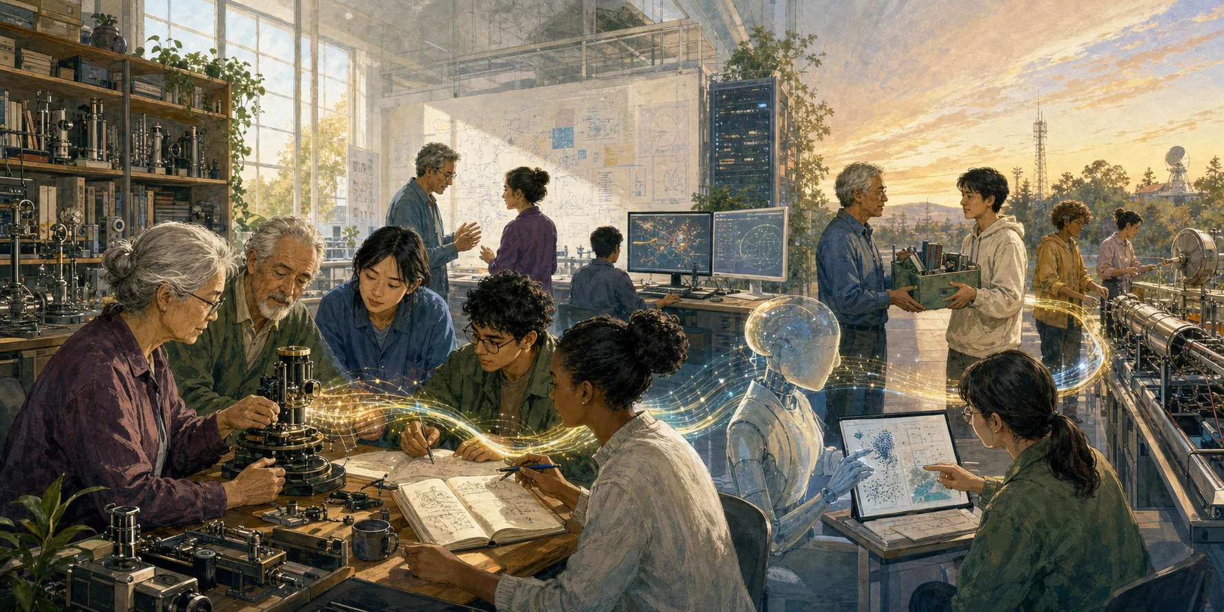 Senior and emerging researchers jointly align instruments, diagnose prototypes, exchange notebooks and archives, and use an AI tool as responsibility passes across generations.