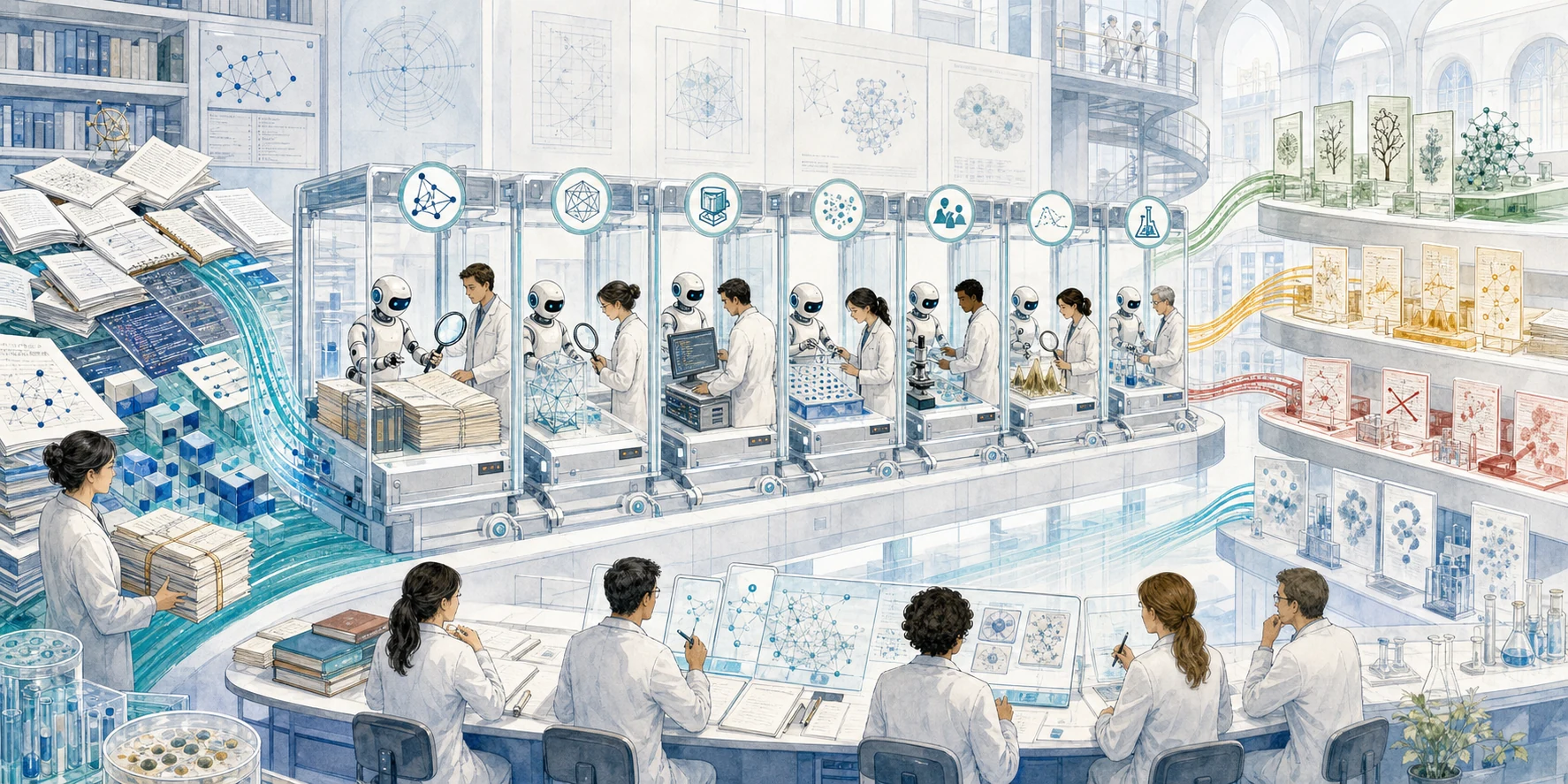 Papers, code, data, and theorem diagrams move through linked human-and-AI inspection stations before emerging as supported, corrected, or still-uncertain claims.