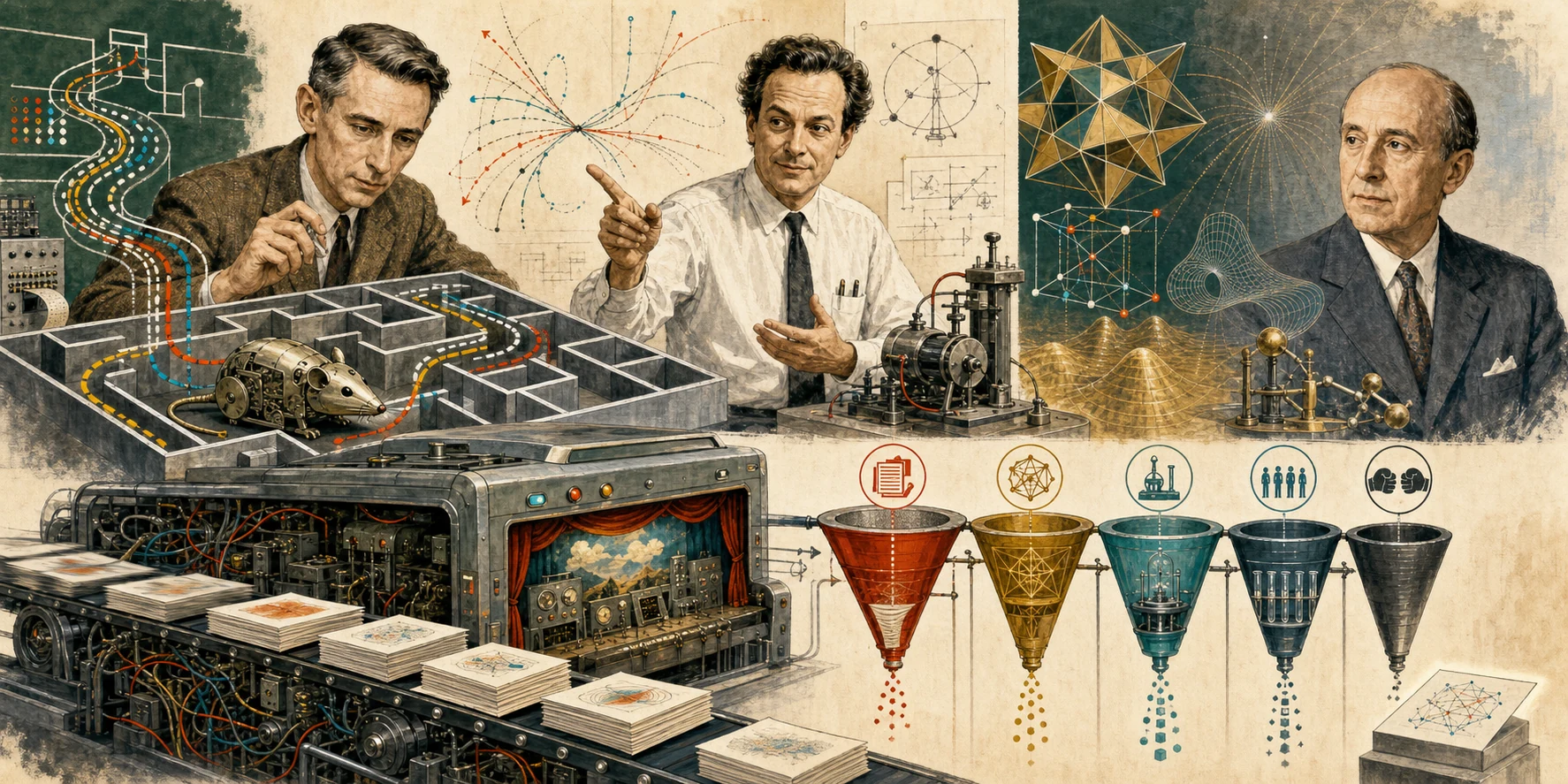 Claude Shannon and his maze-solving mouse Theseus, Richard Feynman and particle-path drawings, and Eugene Wigner and symmetry forms overlook a paper-generating machine and successive evidence funnels.