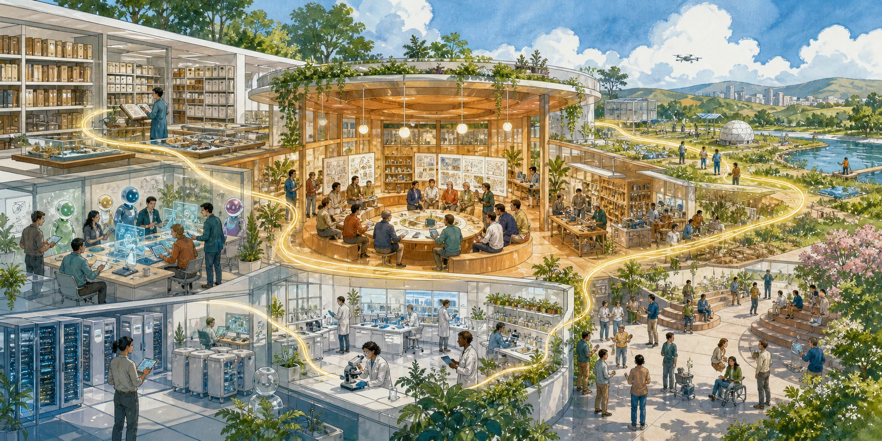 An open civic laboratory connects a warm governance forum with archives, human-and-AI teams, secure compute, physical laboratories, apprenticeship, field testbeds, and public transition paths.