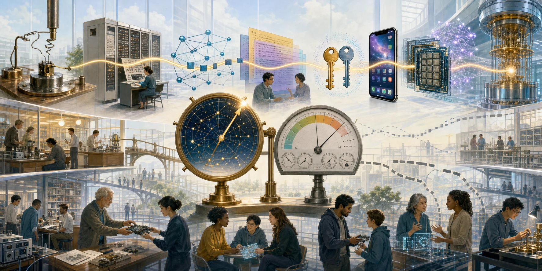 A bright gallery of the transistor, stored-program computer, Internet network, compiler, cryptographic keys, smartphone, AI accelerator, and quantum device feeds into two contrasting instruments, while fading laboratory buildings reveal the separate question of institutional renewal.