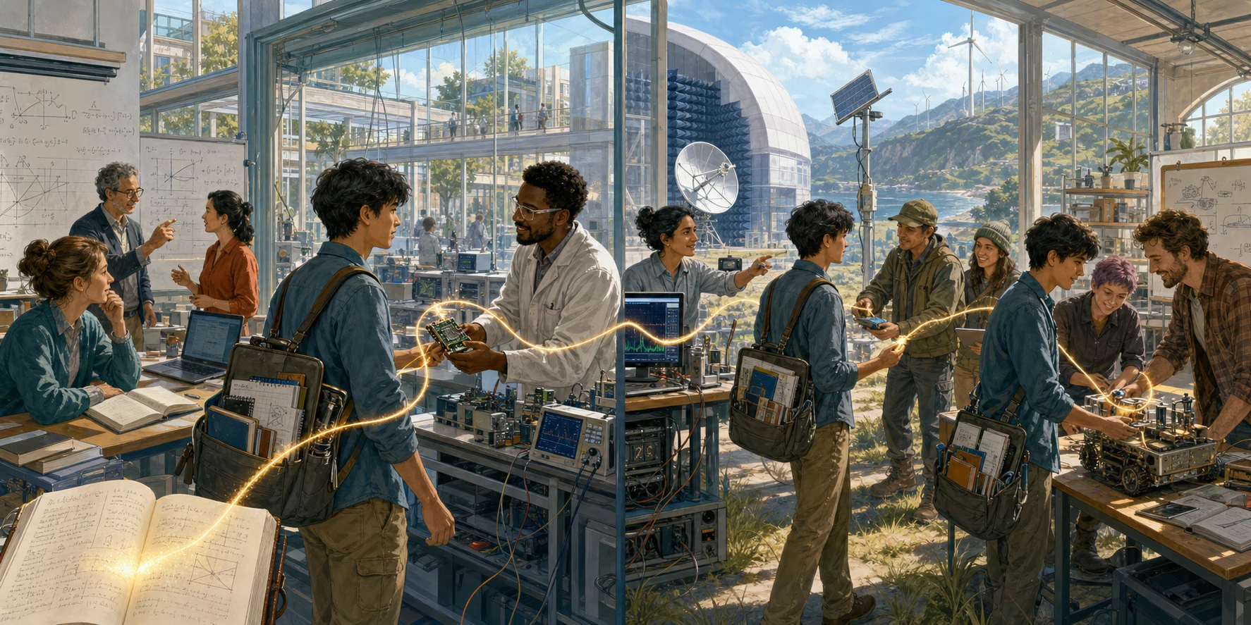 A bright research landscape in which a young researcher carries one glowing thread through a university, an industrial laboratory, a national mission facility, a field test, and a small research company without dropping the notebooks, tools, collaborators, and evidence accumulated along the route.