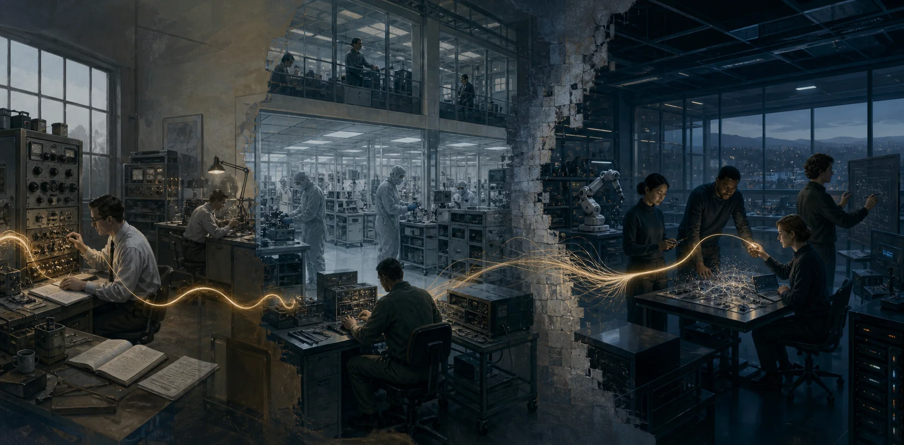 Conceptual illustration of a continuous thread of knowledge passing from an older electronics laboratory through a cleanroom into a future human-and-AI research laboratory.