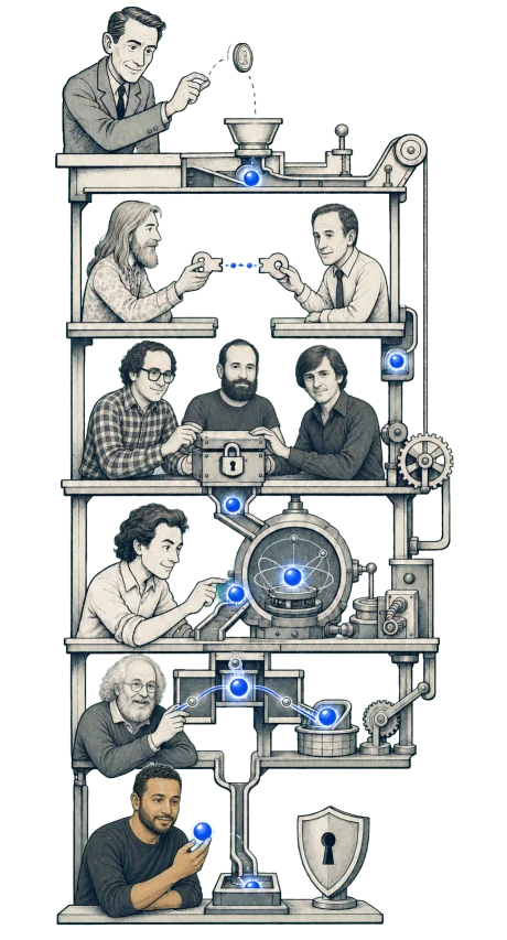 A glowing bit travels from Shannon through Diffie, Hellman, Rivest, Shamir, Adleman, Feynman, Shor, and Karim, becoming a qubit.